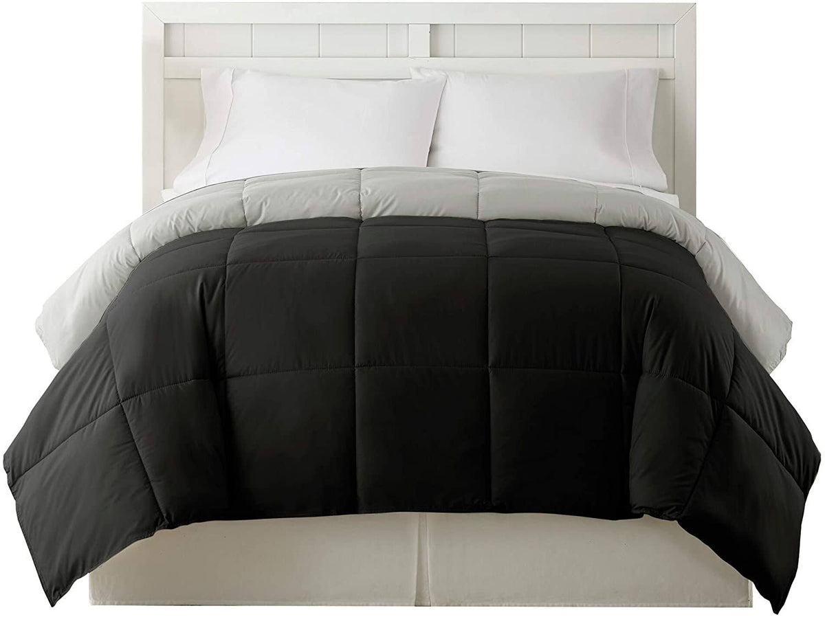 Twin Size Box Quilted Comforter Black Silver Microfiber V829907