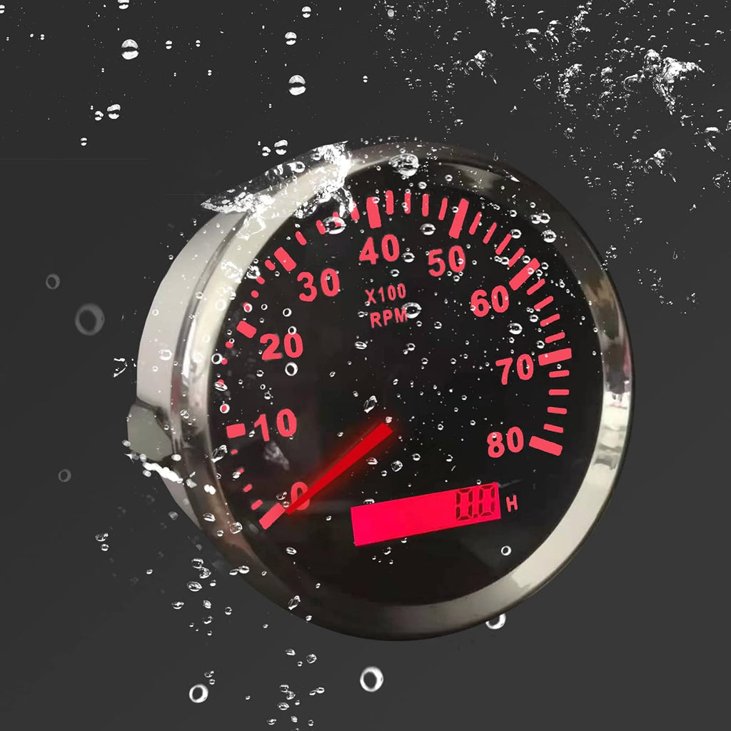 85mm 8000 RPM Tachometer Gauge With Hour Meter RED Backlight Waterproof Pack of 2 W5491