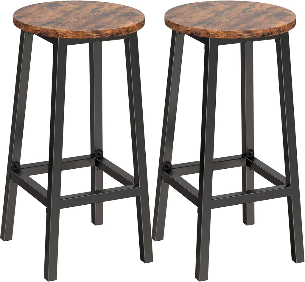 Set of 2 Bar Stools with Footrest, 25.6 Inch Tall, Rustic Brown and Black W332