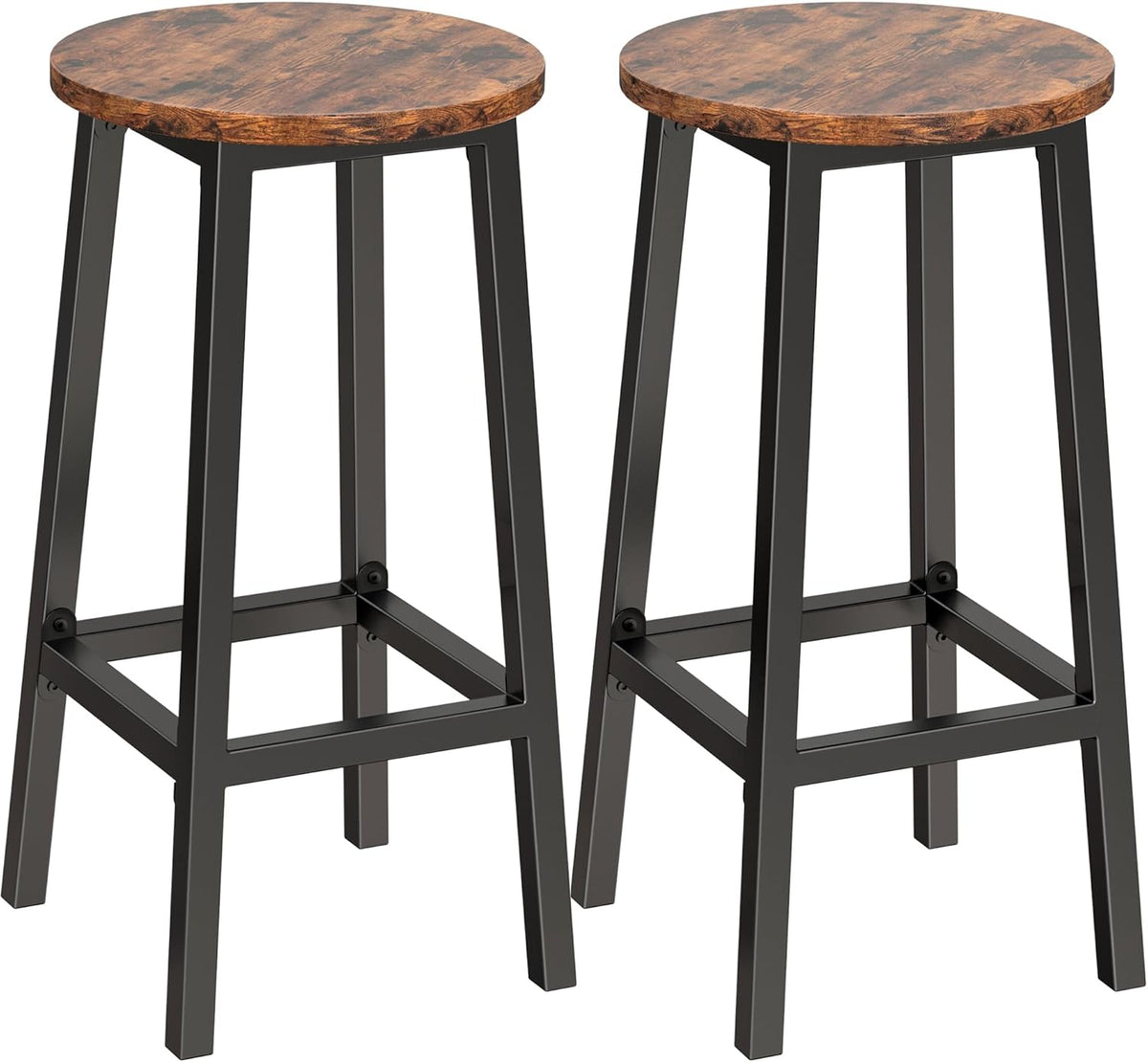 Set of 2 Bar Stools with Footrest, 25.6 Inch Tall, Rustic Brown and Black W332