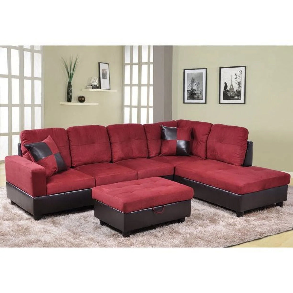 Red Microfiber Sectional Sofa with Storage Ottoman D2397