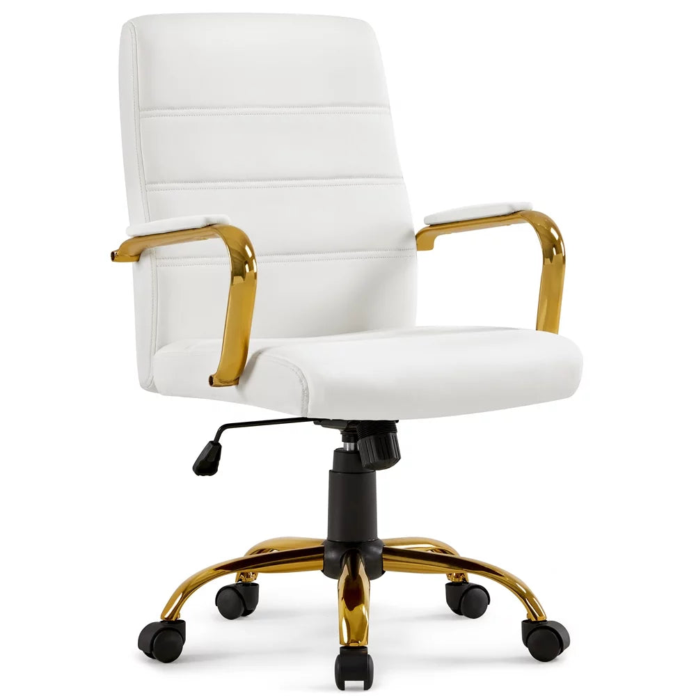 360° Swivel PU Leather Office Chair with Gold Frame, White Q76667