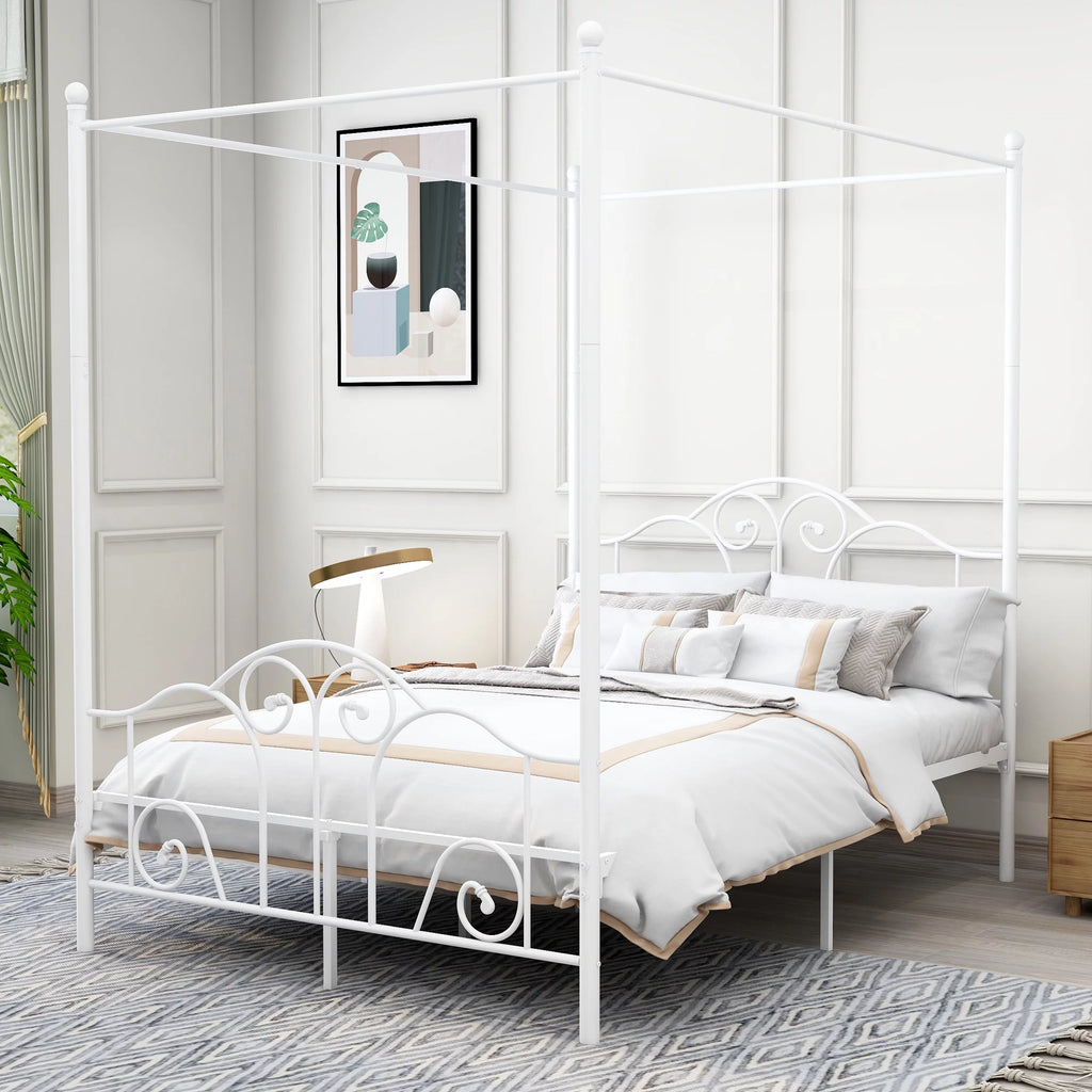 Vintage White Full Size Metal Canopy Bed Frame O2978