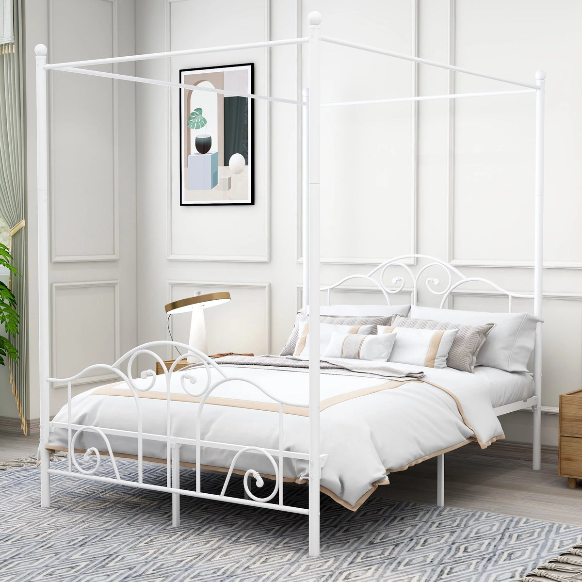Vintage White Full Size Metal Canopy Bed Frame O2978