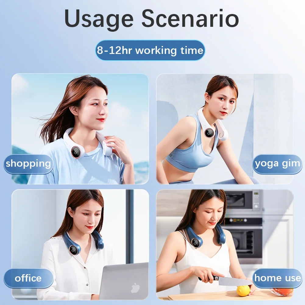 Bladeless Neck Fan Digital Display 4000mAh USB Rechargeable Blue S7729