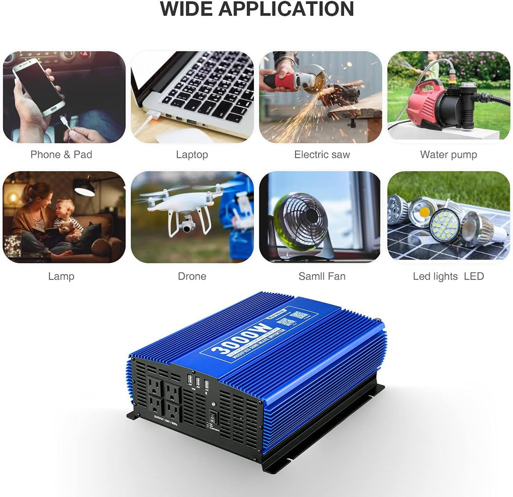 3000W Power Inverter DC12V to 110V AC Car Inverter with 4AC Outlets 2USB Port A553941