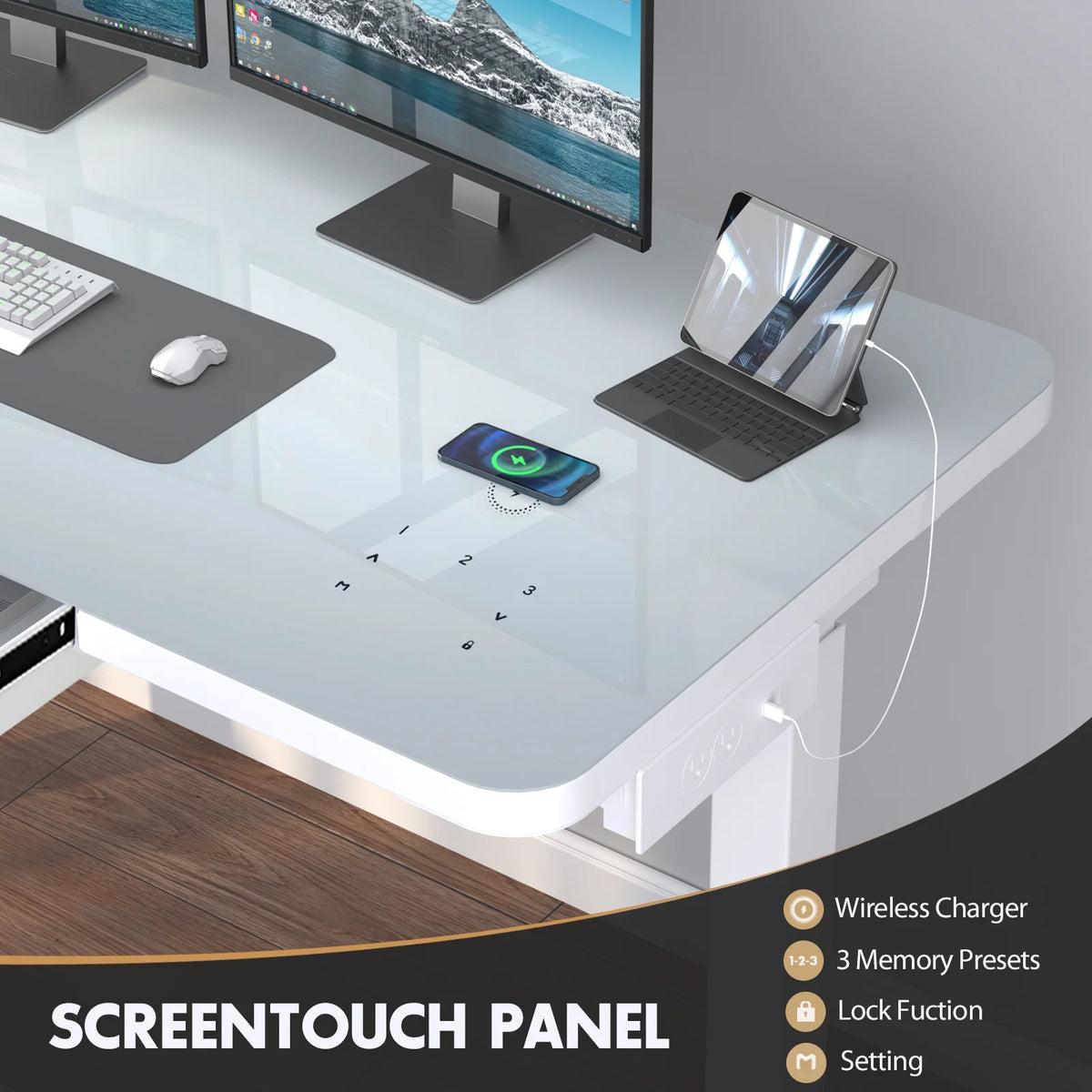 White Electric Glass Standing Desk with Drawers R722