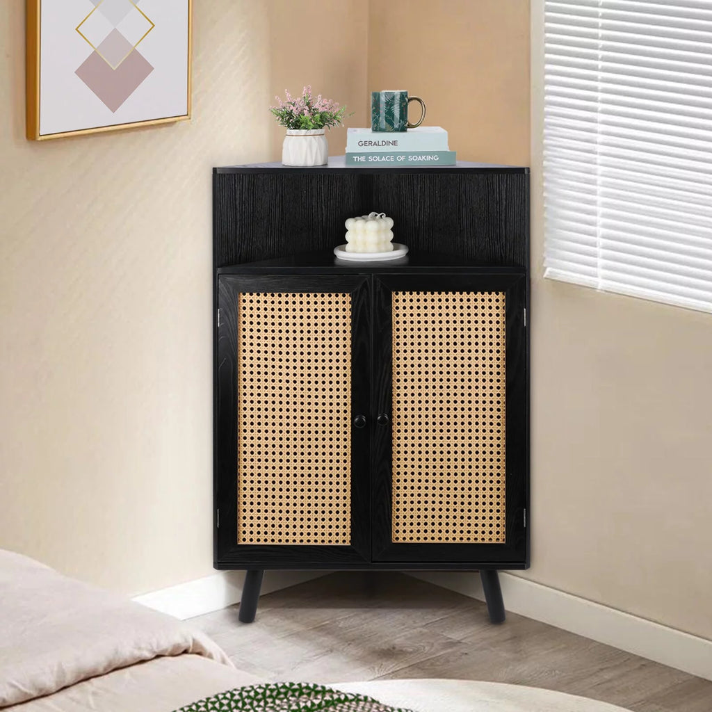 35" Tall Black Rattan Corner Storage Cabinet with Doors Q671