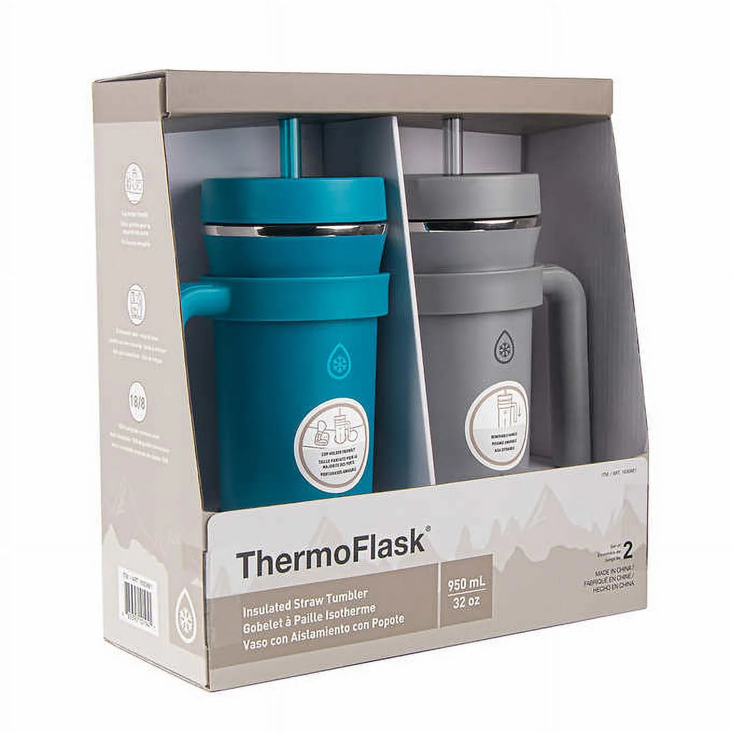 32oz Insulated Straw Tumbler with Handles, 2-pack (Teal & Grey) L78997