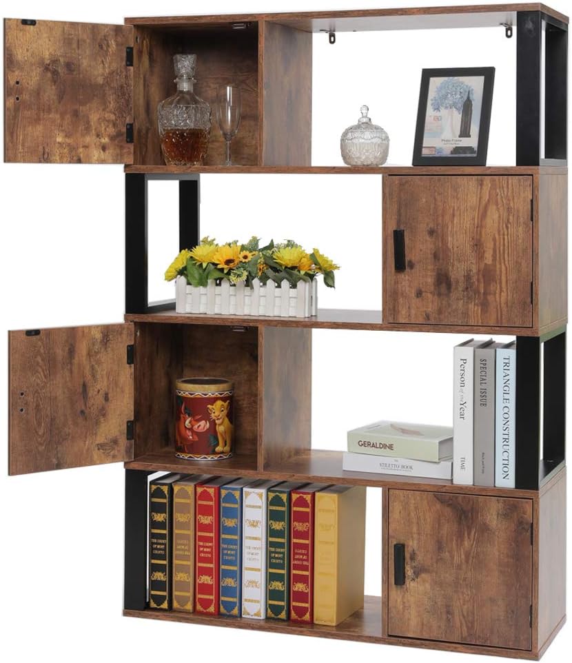 4 Tier Rustic Brown Bookcase with 4 Cube Storage Cabinet B37773