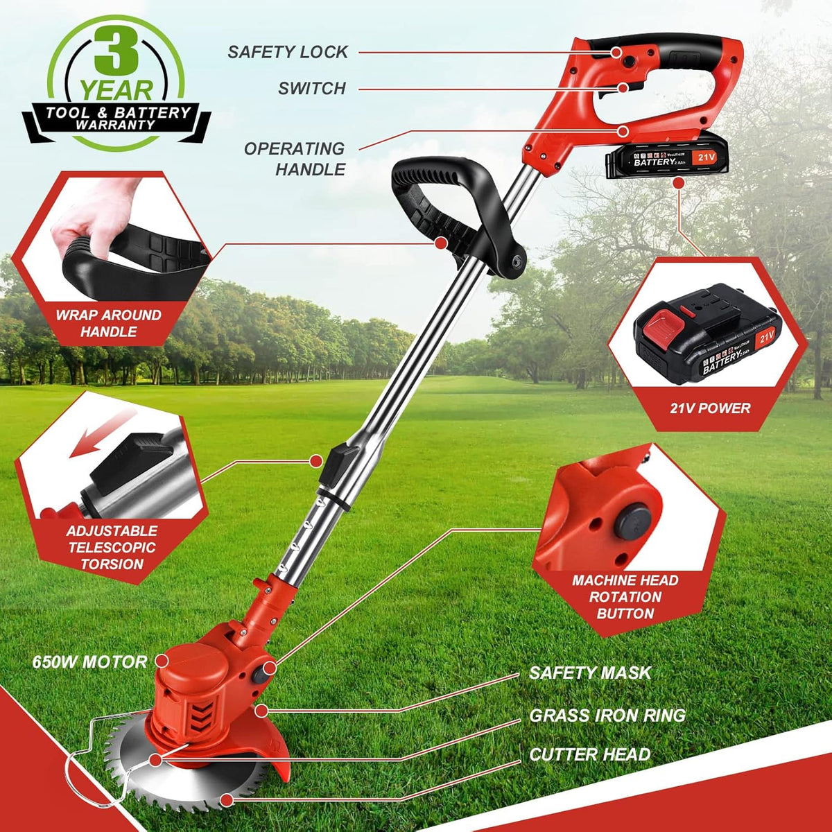 Cordless Battery Powered Weed Wacker Brush Cutter Grass Trimmer V849964