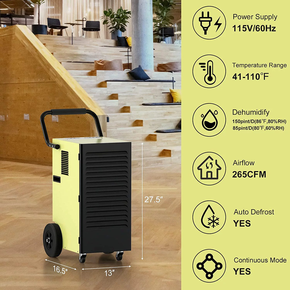 150 Pints Commercial Dehumidifier with Drain Hose and Water Tank C59189