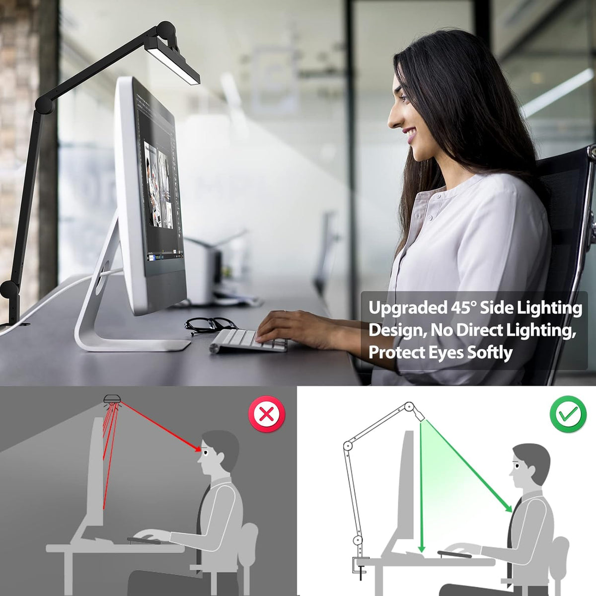 LED Desk Lamp with Clamp, Dimmable Swing Arm, 4 Color Modes S9654