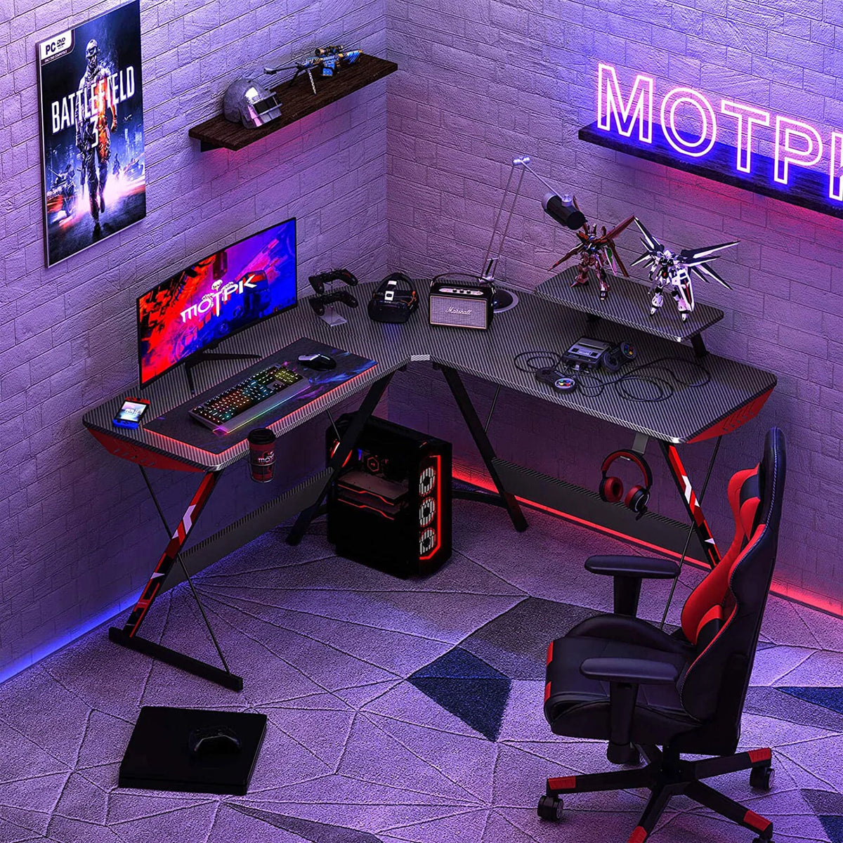 51 inch Black L-Shaped Computer Gaming Desk with Monitor Shelf B842