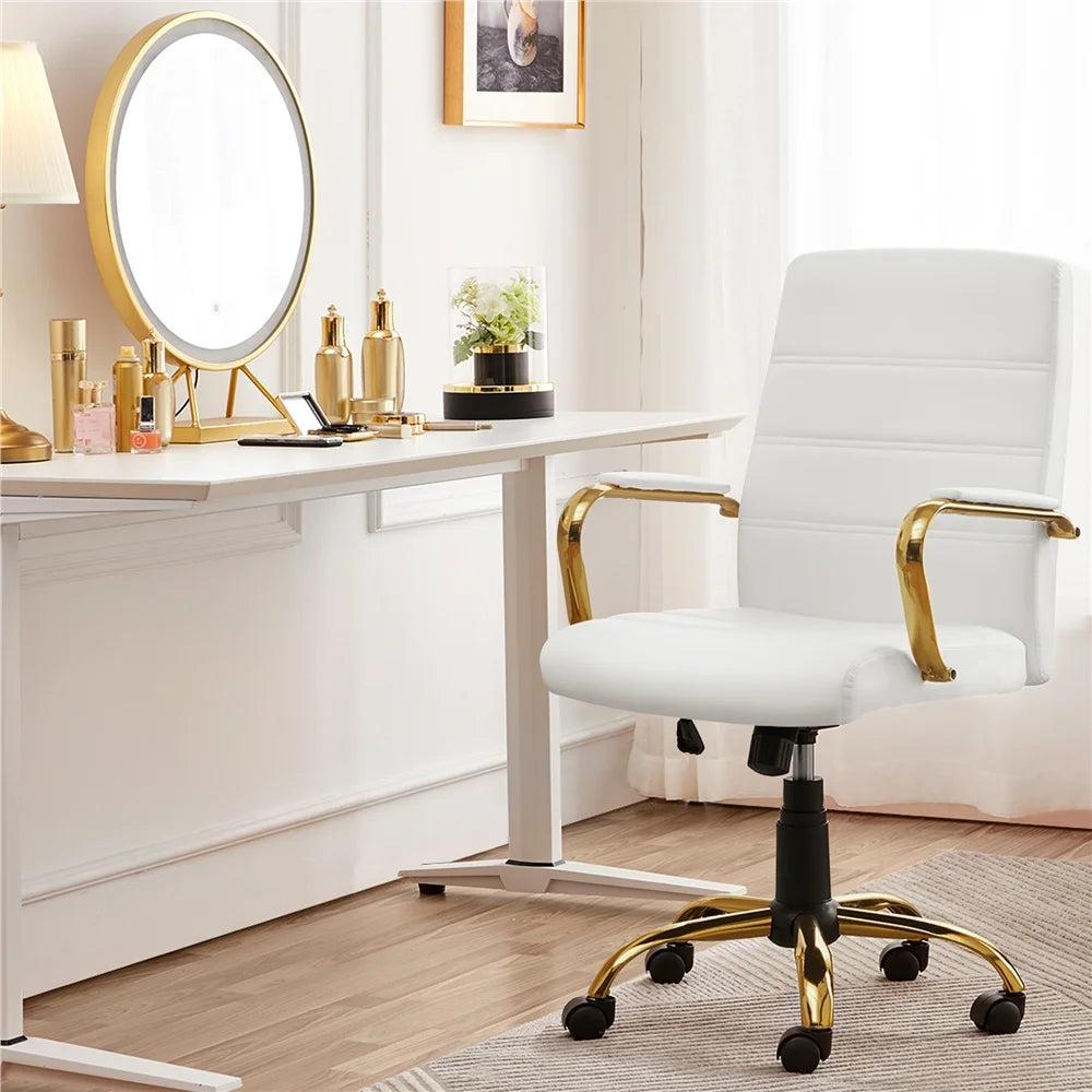 360° Swivel PU Leather Office Chair with Gold Frame, White Q76667