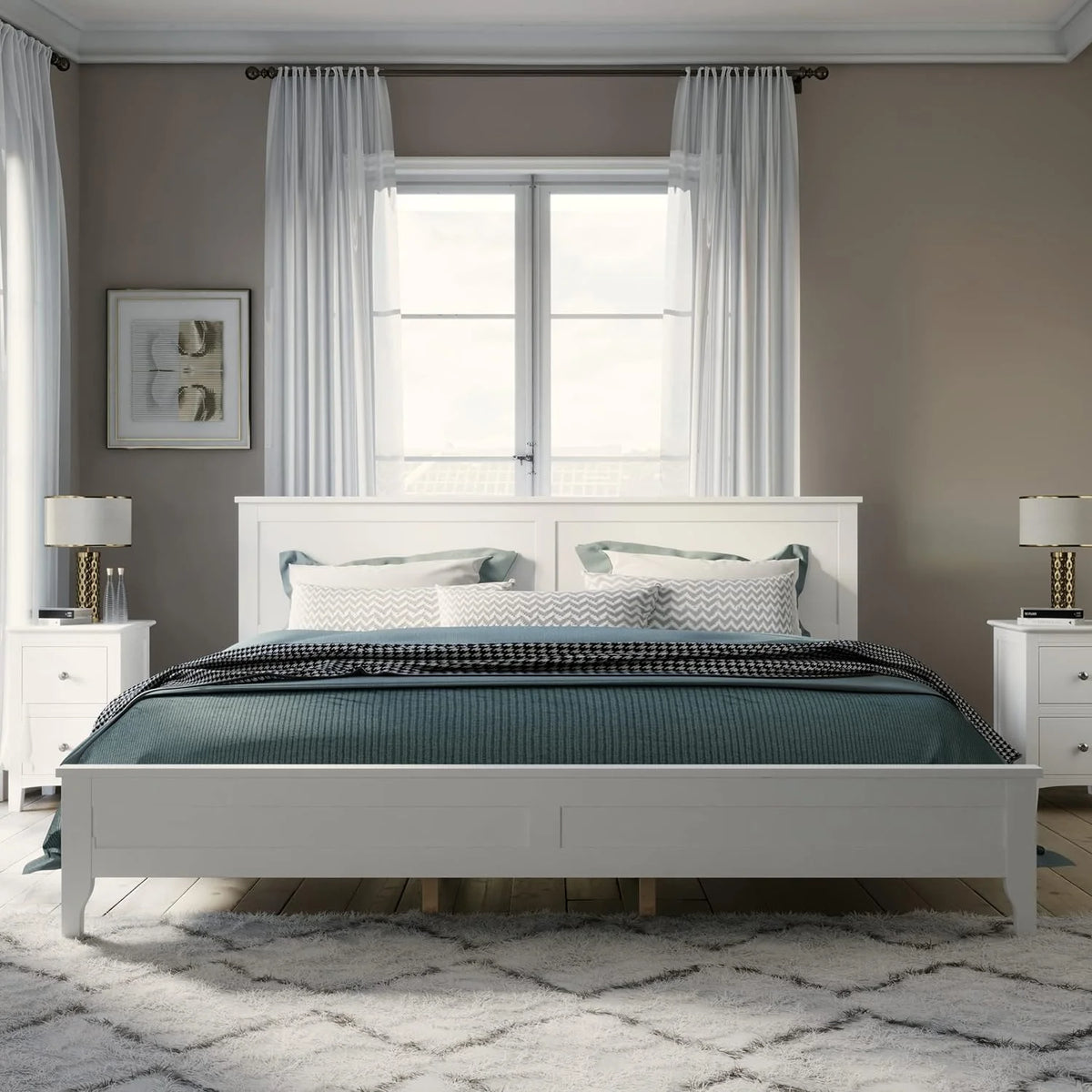 White King Size Solid Wood Platform Bed S47657