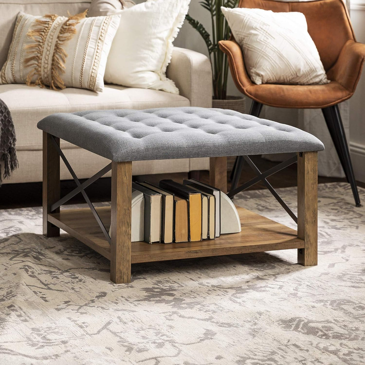 Grey Tufted Ottoman W49744