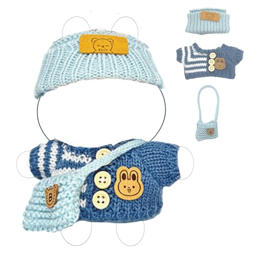 17cm Doll 4-Piece Clothes Set Denim Overall Sun Hat T-Shirt Knitted Flower Brooch E2418
