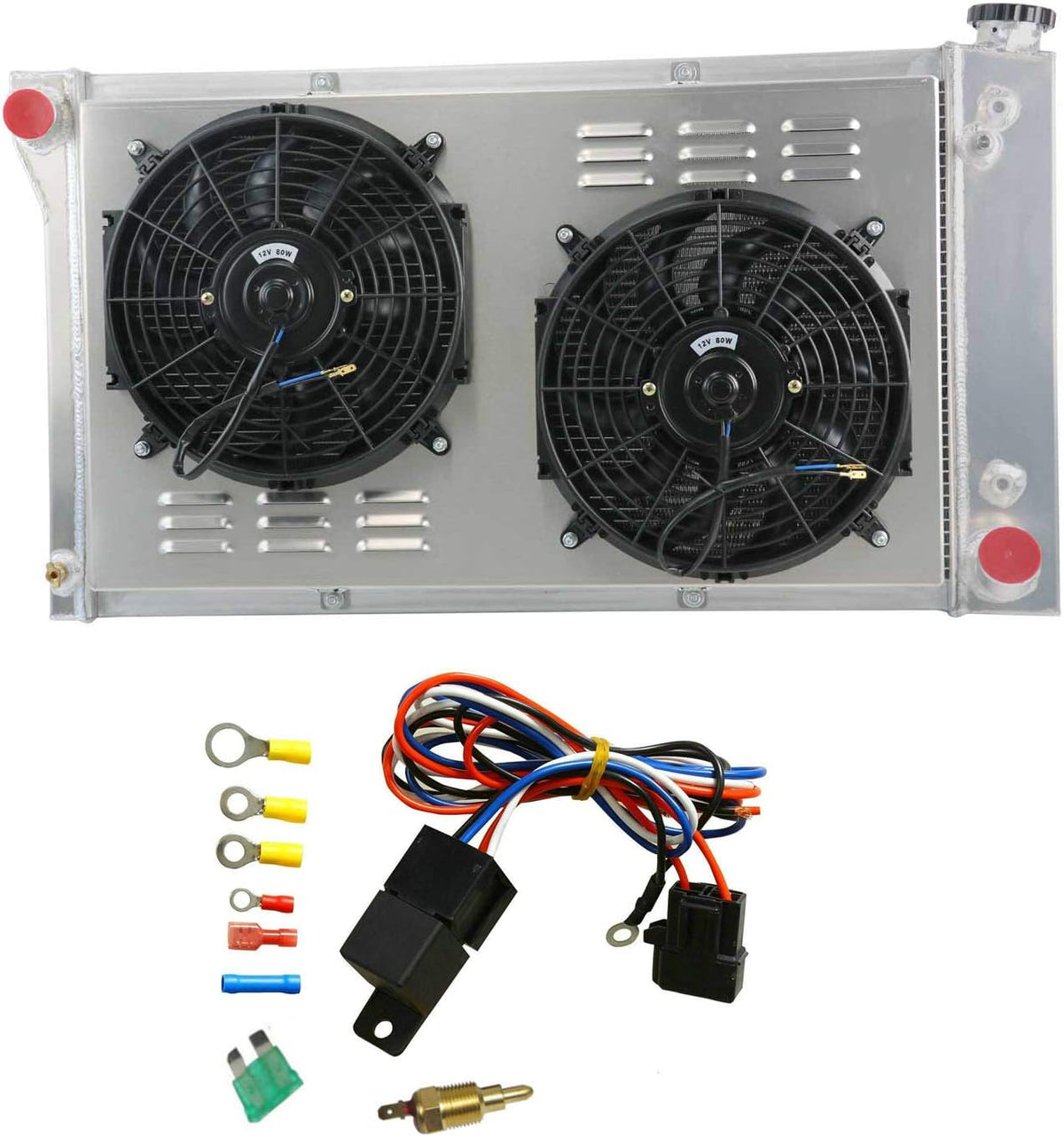 3 Row Core Aluminum Radiator with 2 x 12" Fan and Thermostat Relay Wire Kit B541813