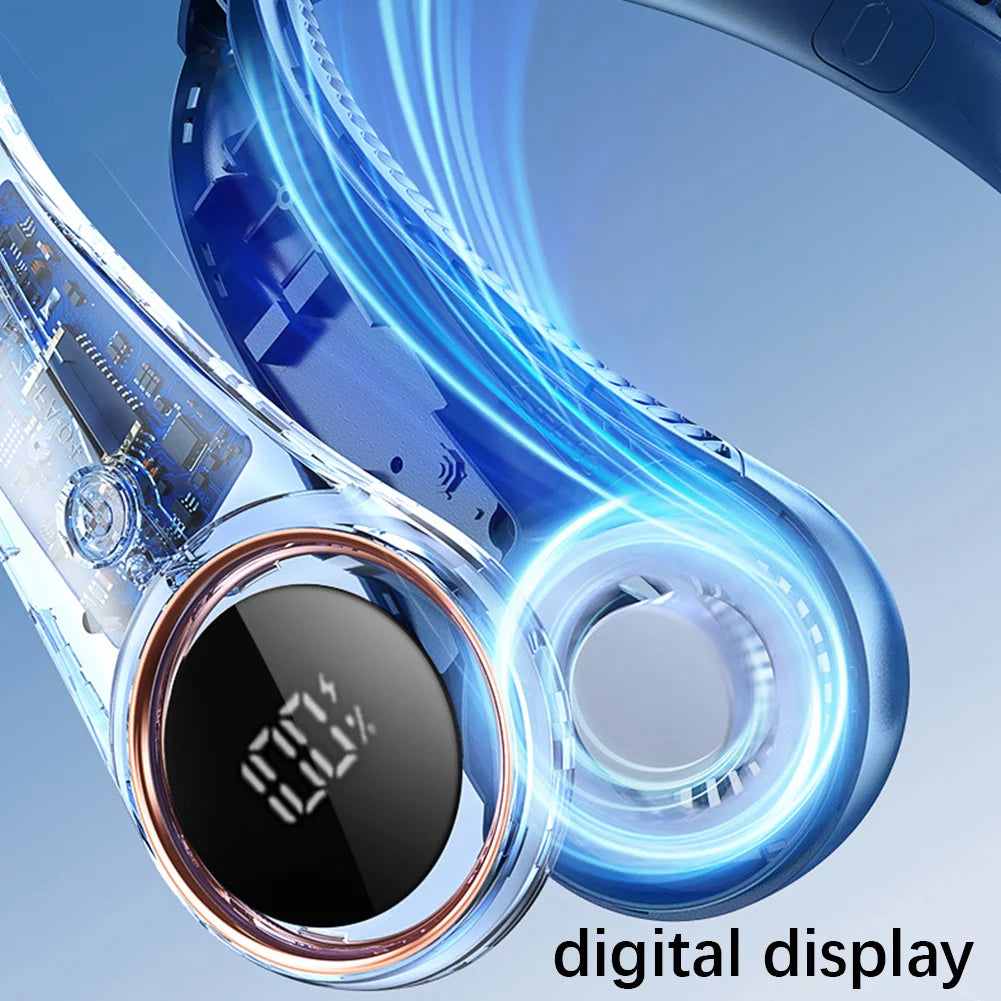 Bladeless Neck Fan Digital Display 4000mAh USB Rechargeable Blue S7729