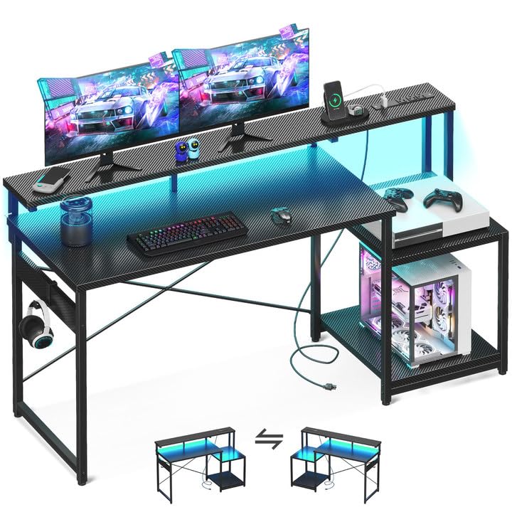 48 Inch Computer Desk with LED Lights and Power Outlet V5132