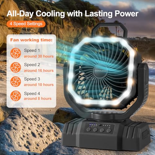 Portable Camping Fan with LED Lantern, 20000mAh Rechargeable Battery Powered Fan, Black V927020