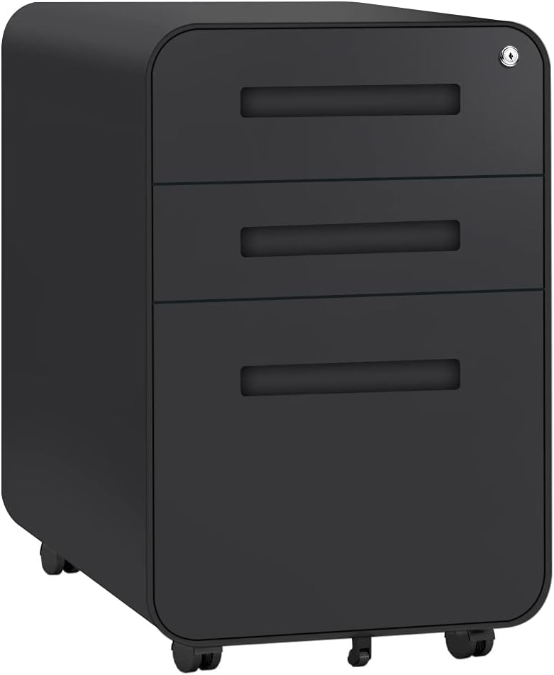 Black 3 Drawer Locking Rolling File Cabinet with Wheels C86091