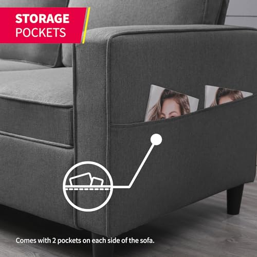 3PCS Linen Upholstered Sofa Set with Side Pockets & Storage Ottoman (Dark Grey) B88294