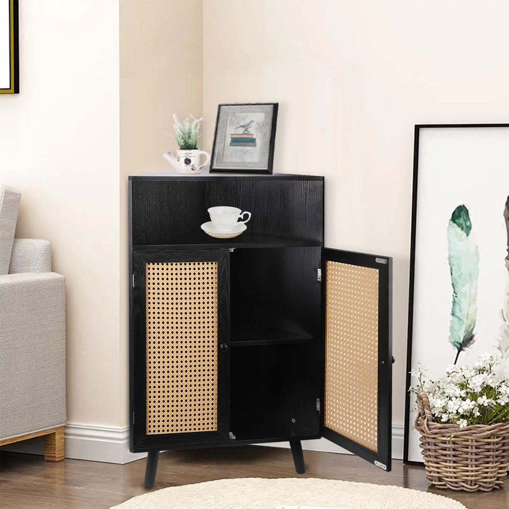 35" Tall Black Rattan Corner Storage Cabinet with Doors Q671