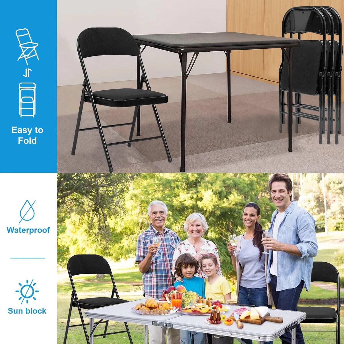 Black Fabric Padded Folding Chair 6 Pack D744
