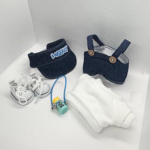 17cm Doll 4-Piece Clothes Set Denim Overall Sun Hat T-Shirt Knitted Flower Brooch E2418