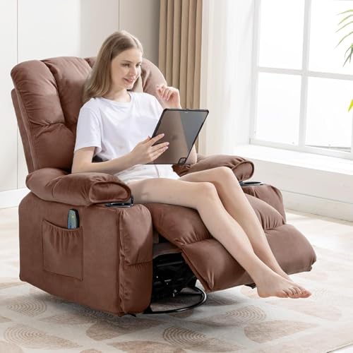 Brown Fabric Recliner Chair with Cup Holders P403