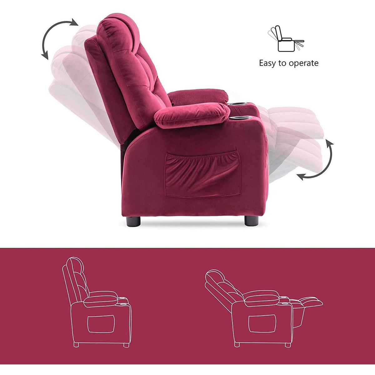 Velvet Recliner Chair with Cup Holders T958151
