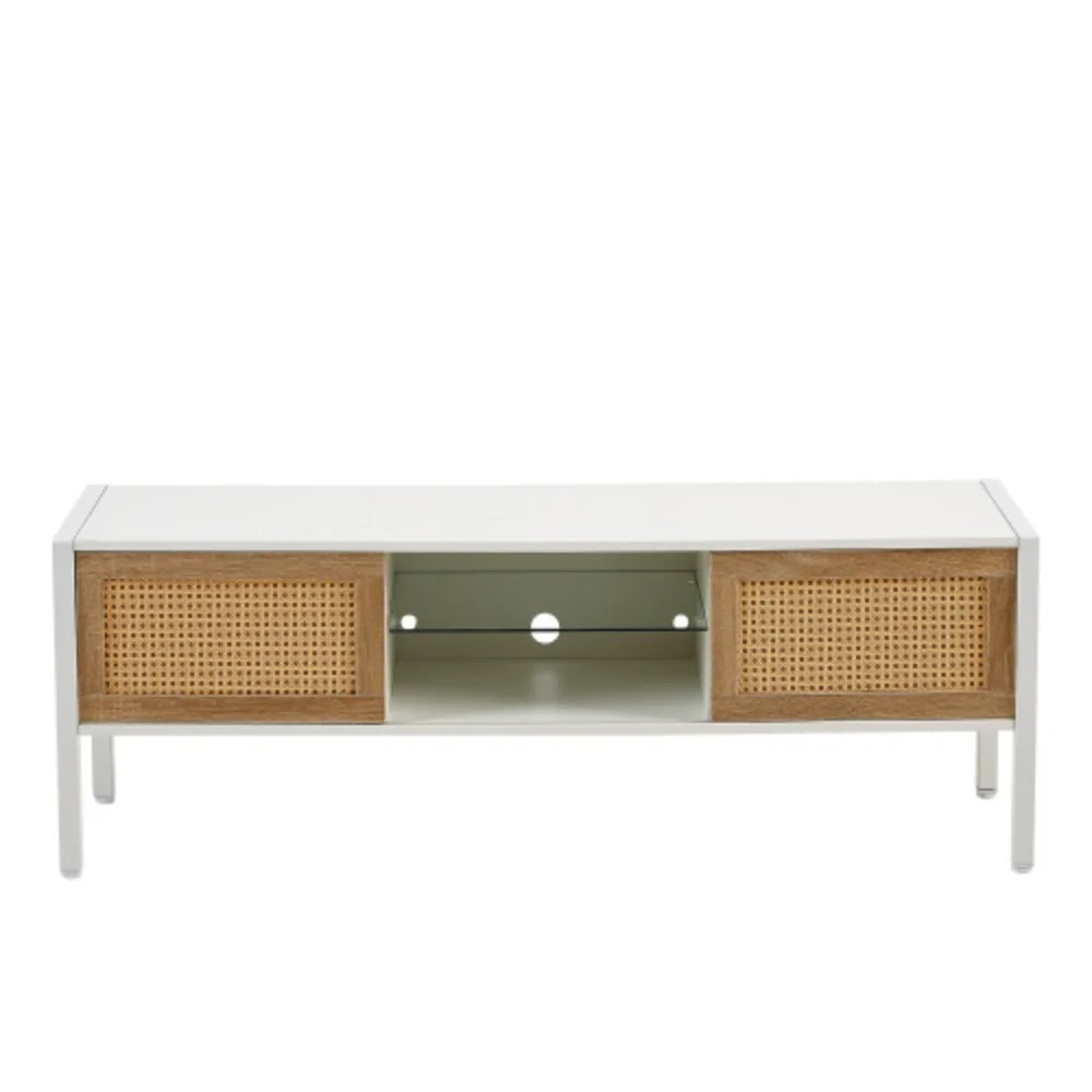 White Rattan TV Cabinet with Sliding Doors and Adjustable Shelf Z585