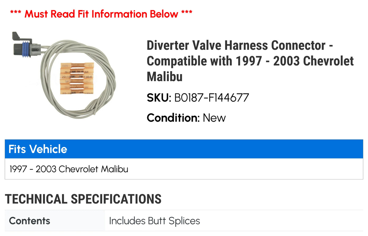 Diverter Valve Harness Connector for 1997-2003 Chevy Malibu X1494