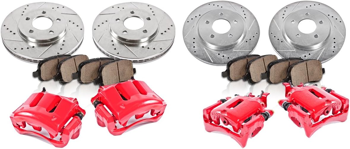 Red Powder Coated Calipers Drilled Slotted Rotors Ceramic Pads W593