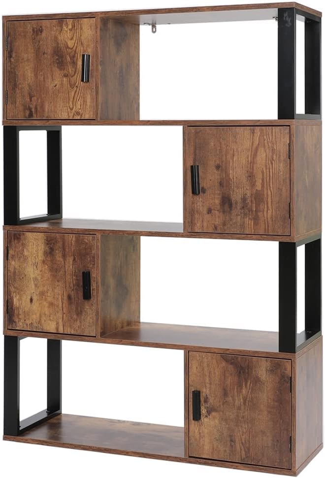 4 Tier Rustic Brown Bookcase with 4 Cube Storage Cabinet B37773
