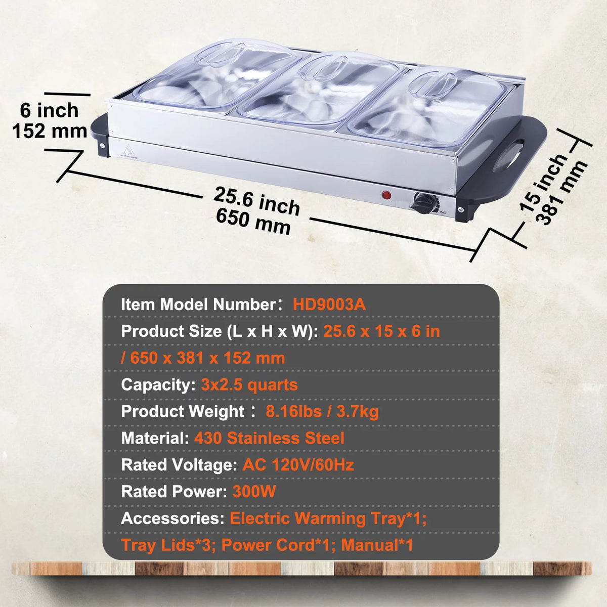 Electric Food Buffet Server with 3 Stainless Steel Warming Pan Q75946