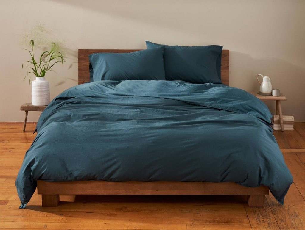 Organic Crinkled Percale Fitted Sheet Twin Steel Blue I368