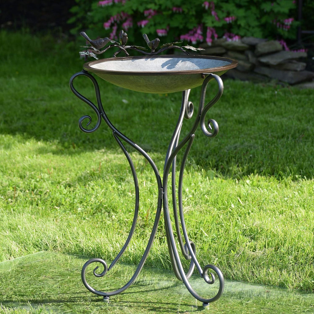 Galvanized Birdbath with Cast Iron Bird Accents D25136