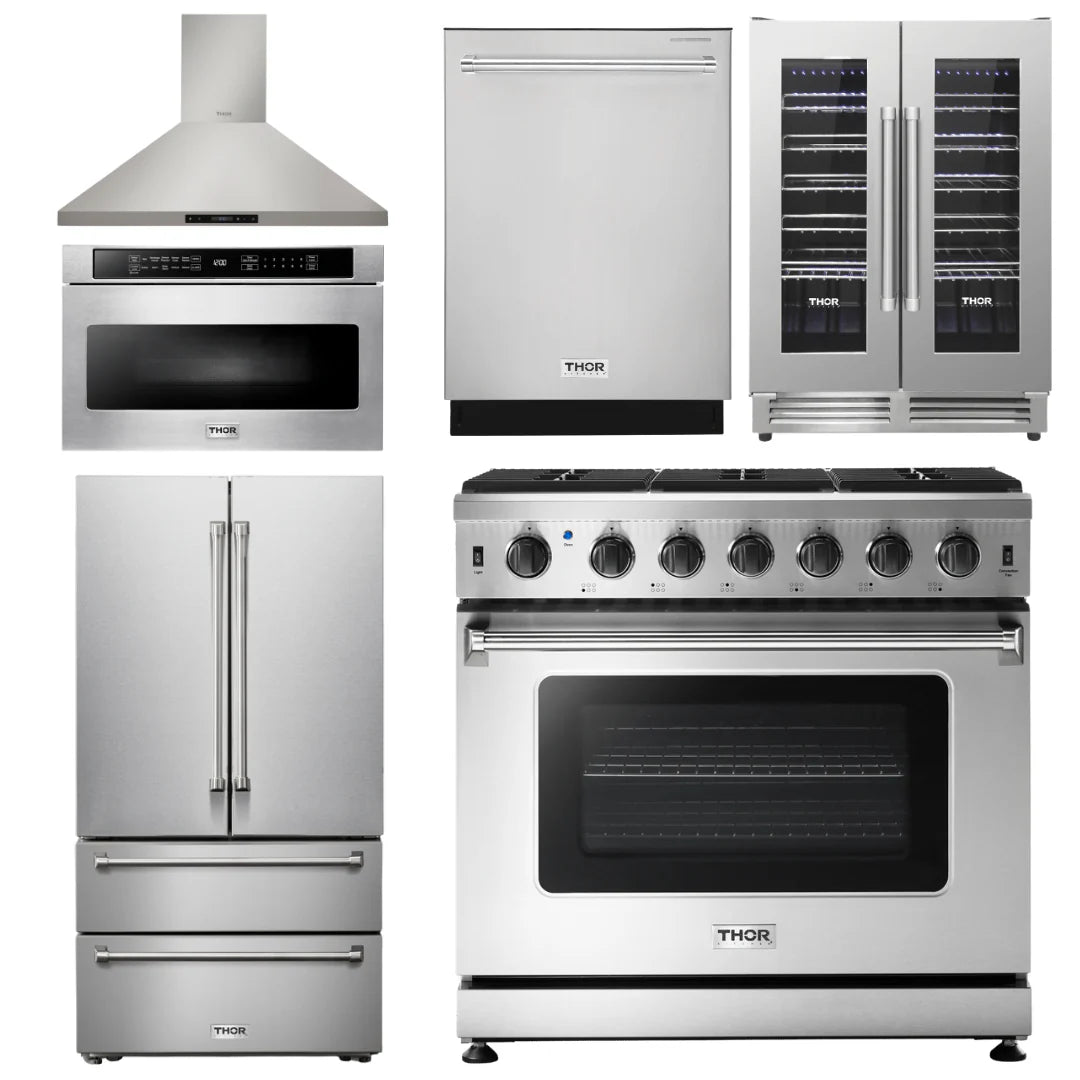 36 Propane Gas Range, Range Hood, Microwave, Refrigerator, Dishwasher, Wine Cooler T77483