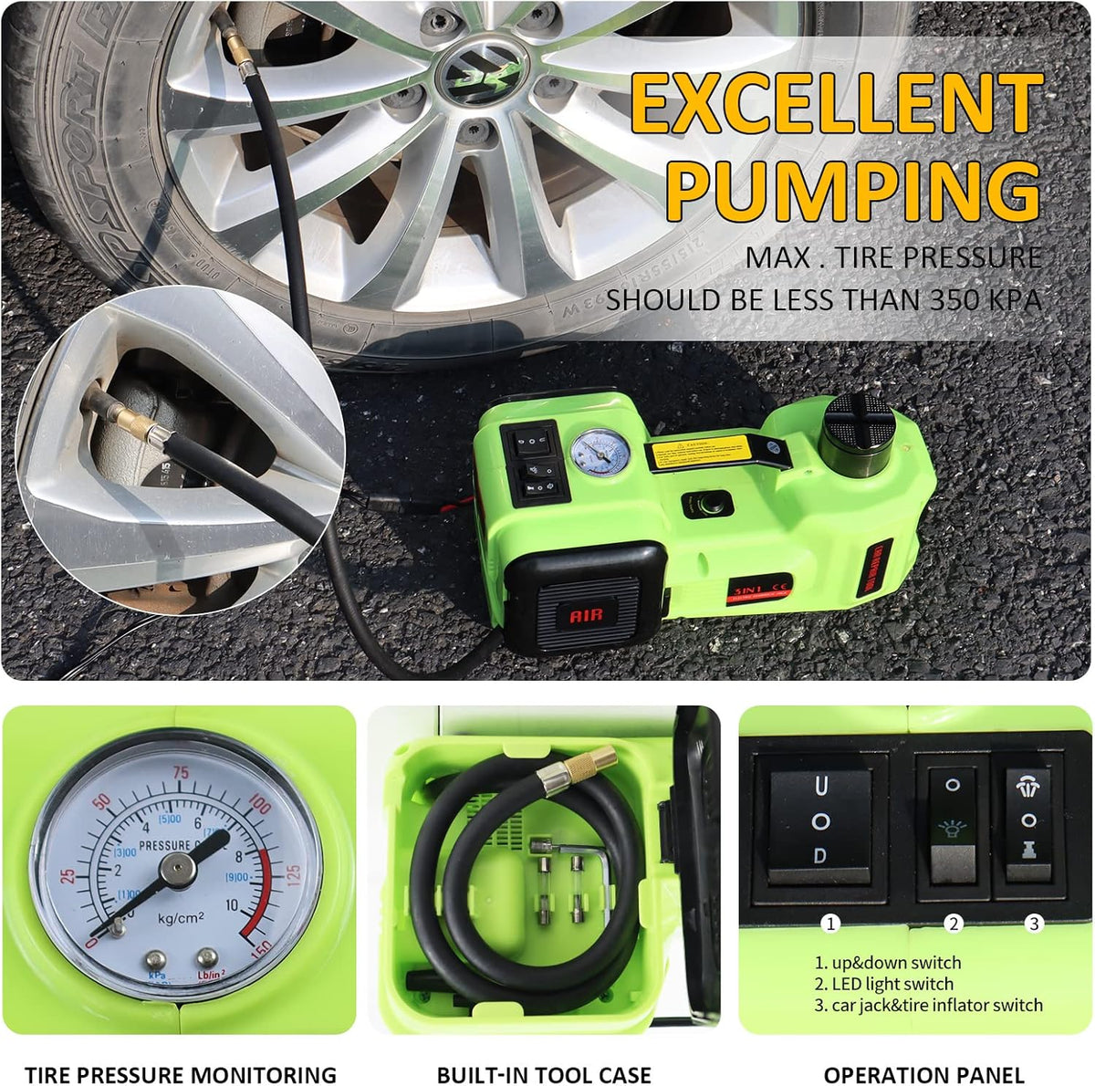 5T Hydraulic Electric Car Jack with Impact Wrench, Tire Inflator and LED Light R170858