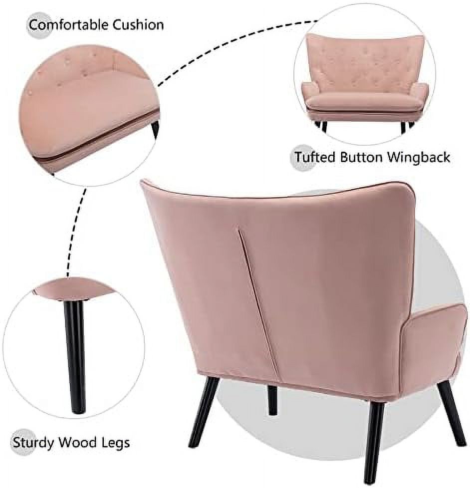 Pink Velvet Tufted Wingback Accent Chair with Solid Wood Legs B900