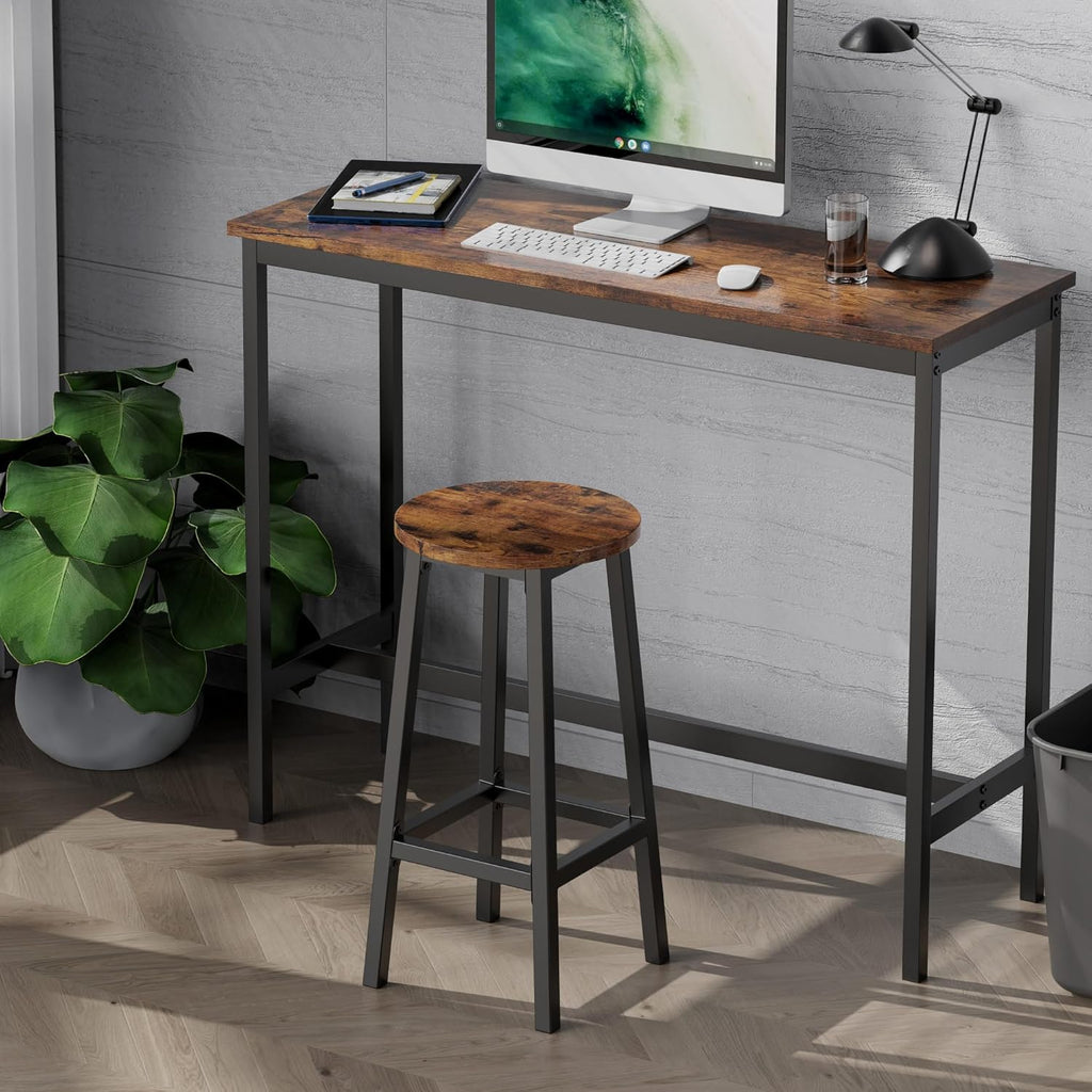 Set of 2 Bar Stools with Footrest, 25.6 Inch Tall, Rustic Brown and Black W332