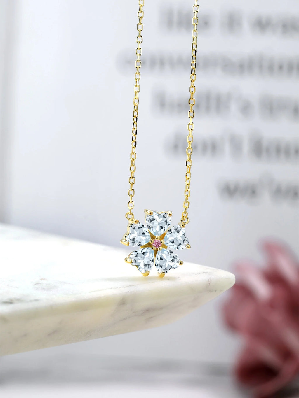 18K Yellow Gold Plated Silver Sky Blue Aquamarine and Pink Lab Grown Diamond Pendant Necklace U63161