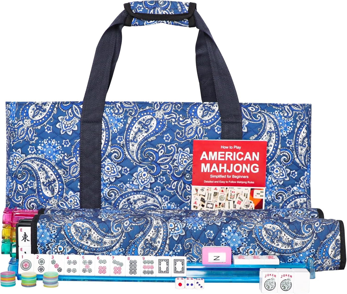 166 Quality White Tiles Mahjong Game Set with Blue Printed Carrying Bag O481