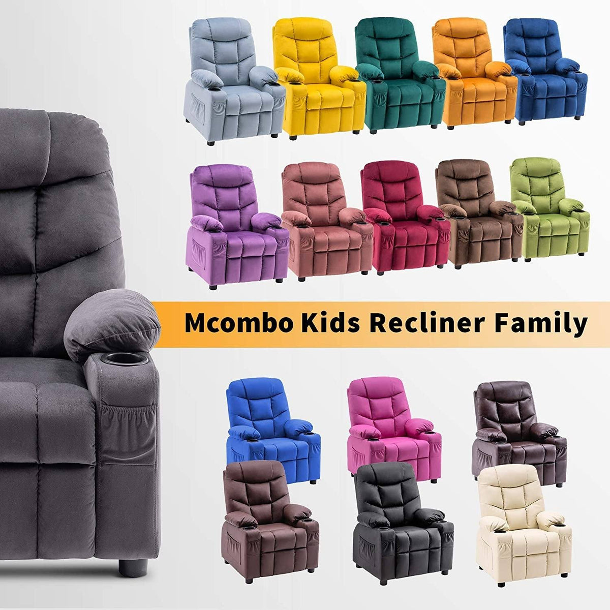 Velvet Recliner Chair with Cup Holders T958151