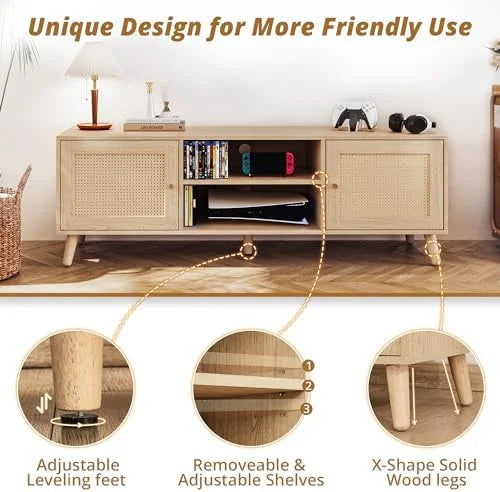 Oak TV Stand with Rattan Cabinet and Solid Wood Leg P1635