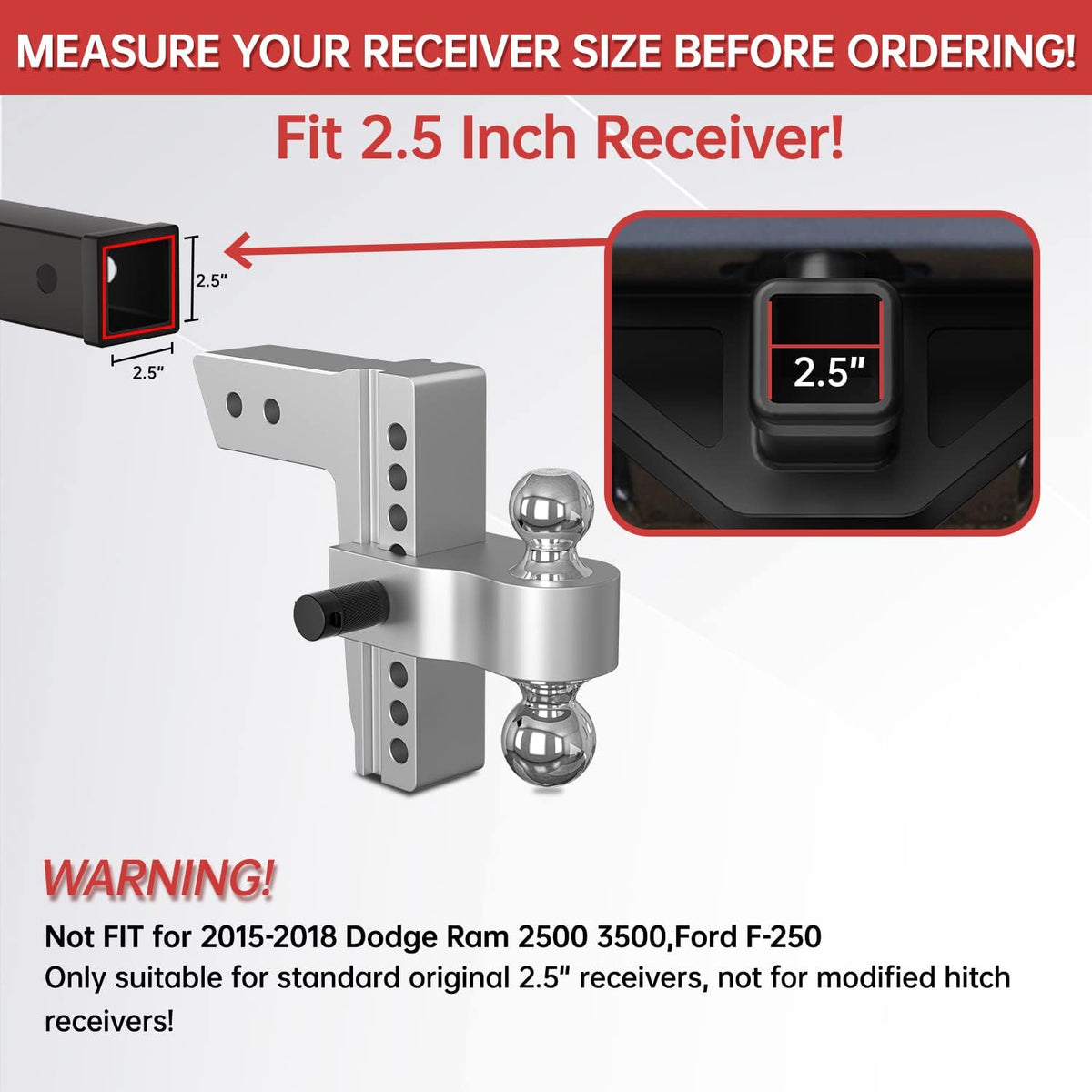 Adjustable Trailer Hitch Ball Mount, 8 Inch Drop, 2.5 Inch Receiver, 18,500 LBS GTW, Forged Aluminum Shank, Dual Balls V1347