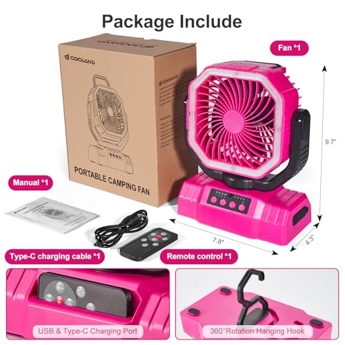 Portable Camping Fan with LED Lantern, 20000mAh Rechargeable Battery Powered Fan, Black V927020